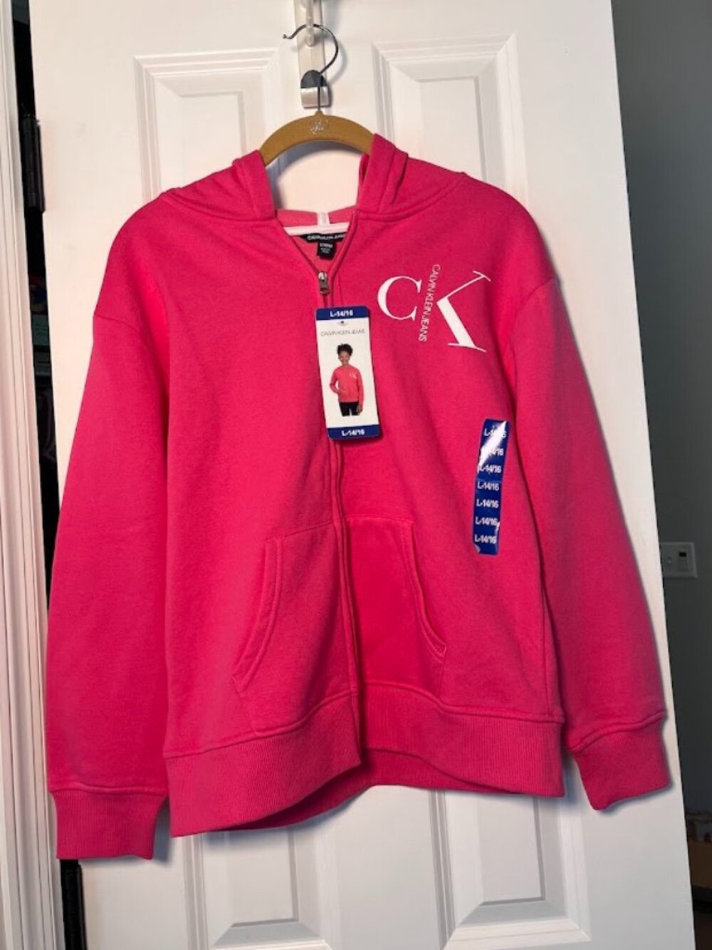 NWT Calvin Klein Jeans Hot Pink Full Zip Logo Hoodie - Size L (14/16)